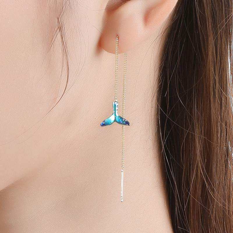 Starry Sky Fish Tail Long Tassel Enamel Earrings