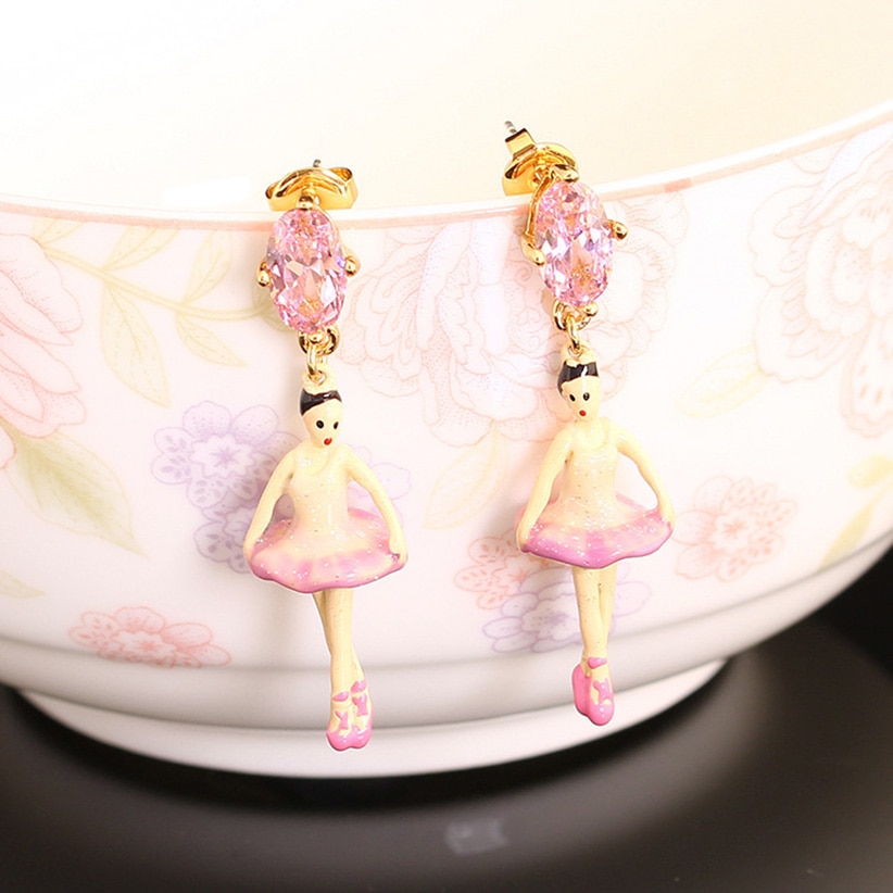 Ballet Girl Pink Crystal Enamel Earrings Jewelry Stud Earrings