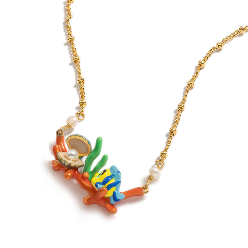 Fish And Shell With A Pearl Enamel Necklace