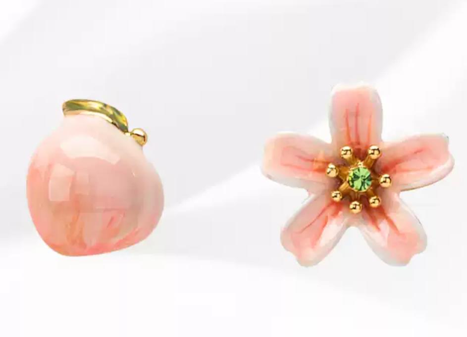 Pink Peach And Flower Enamel Stud Earrings