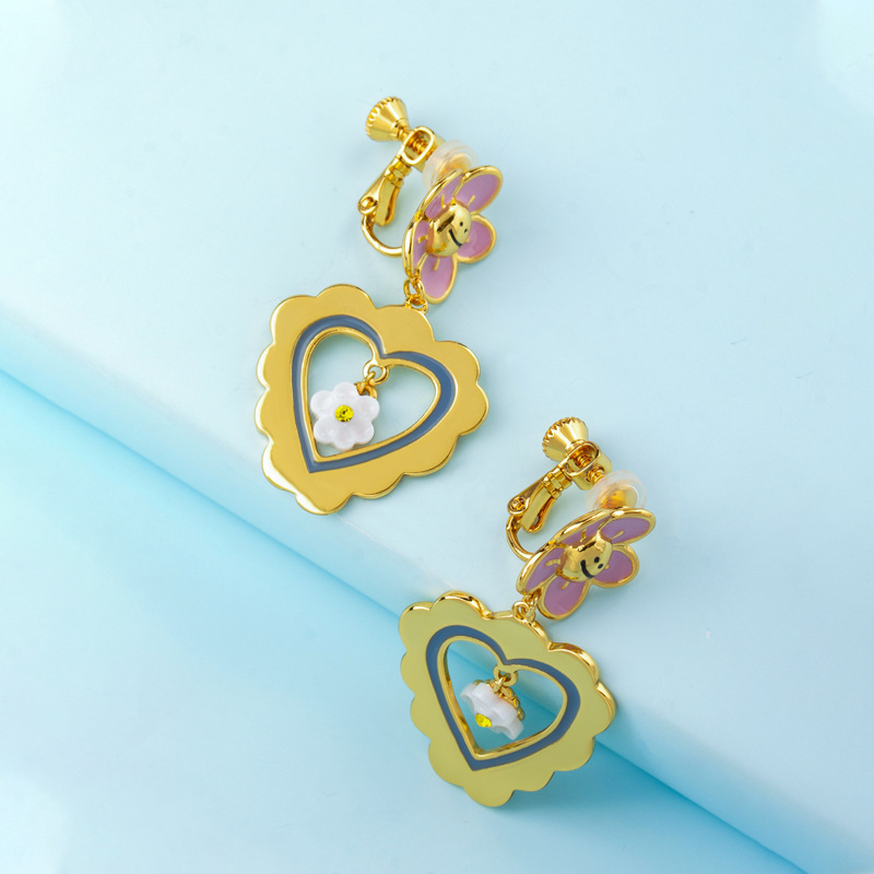 Little Pink Daisy Flower And Heart Enamel Earrings