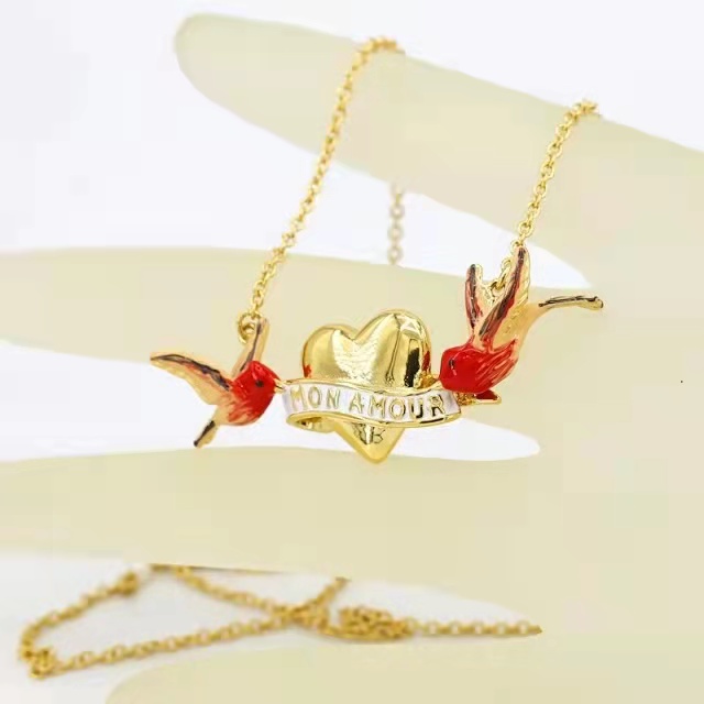 Bird With Heart Enamel Necklace