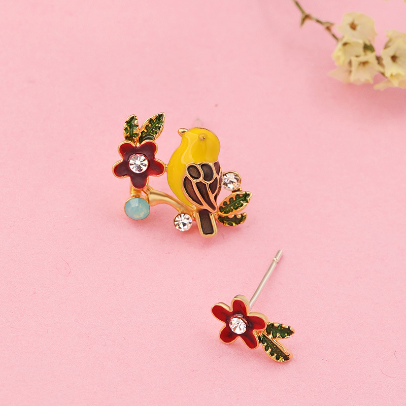 Yellow Bird On Branch And Leaf Asymmetrical Enamel Stud Earrings