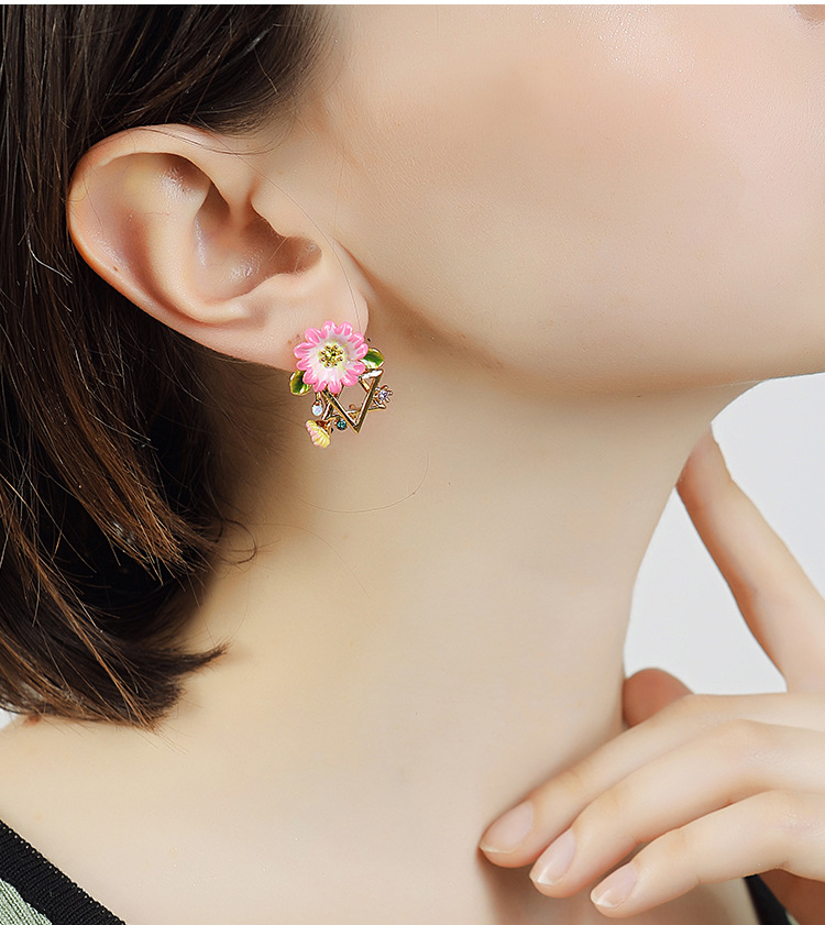 Pink Flower And Crystal Enamel Earrings