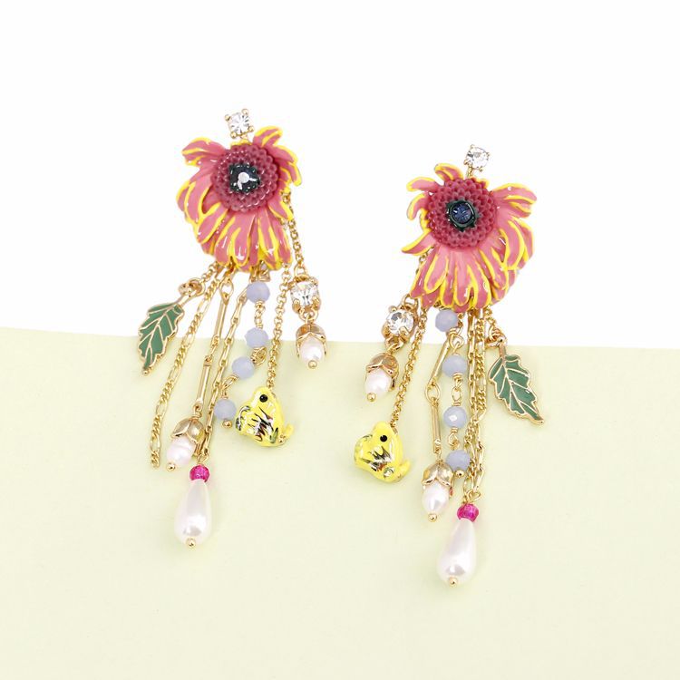 Daisy And Crystal Bead Enamel Earrings