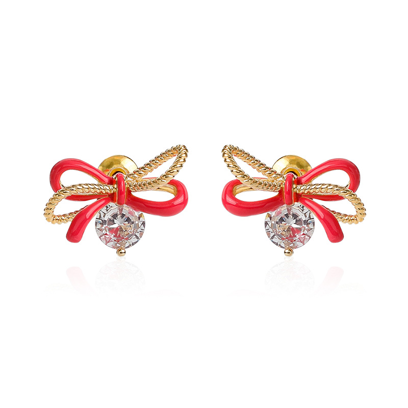 Bow And Crystal Enamel Stud Earrings