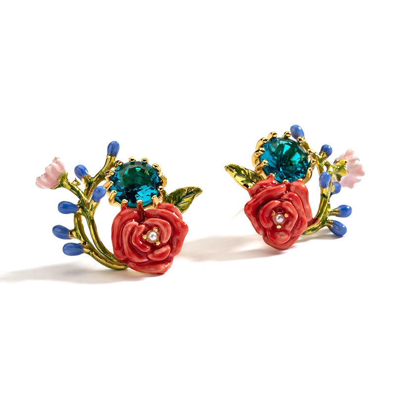 Red Rose On Branch And Crystal Eaneml Stud Earrings