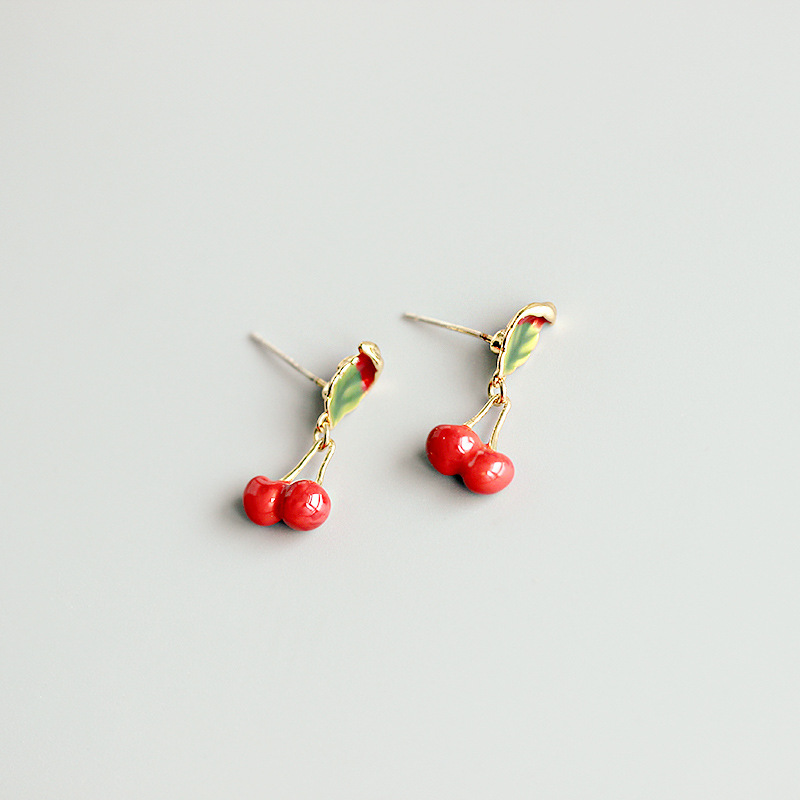 Cherry And Leaf Enamel Earrings