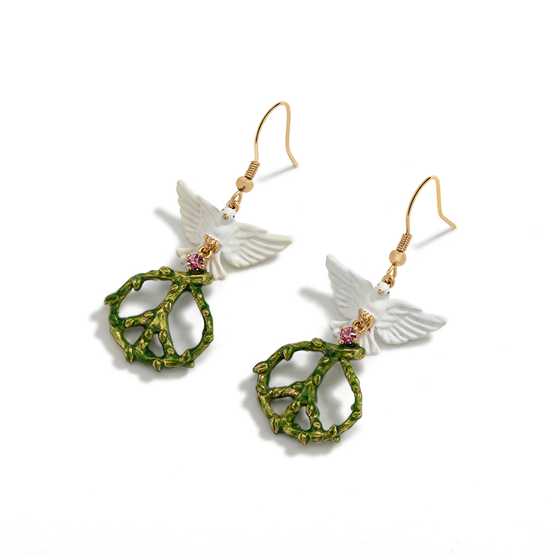 White Peace Pigeon Enamel Hook Earrings