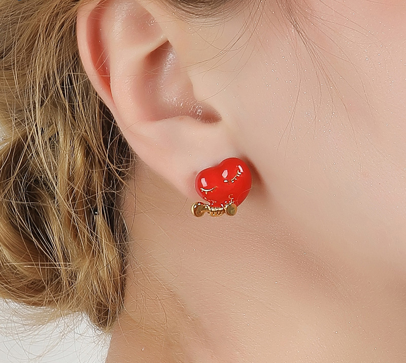 Red Heart With Rose And Dumbbell Asymmetrical Enamel Stud Earrings