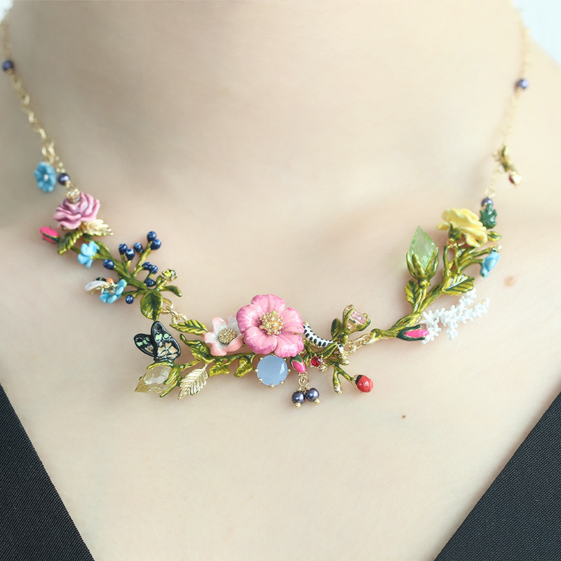 Flower Branch With Caterpillar Butterfly Enamel Necklace