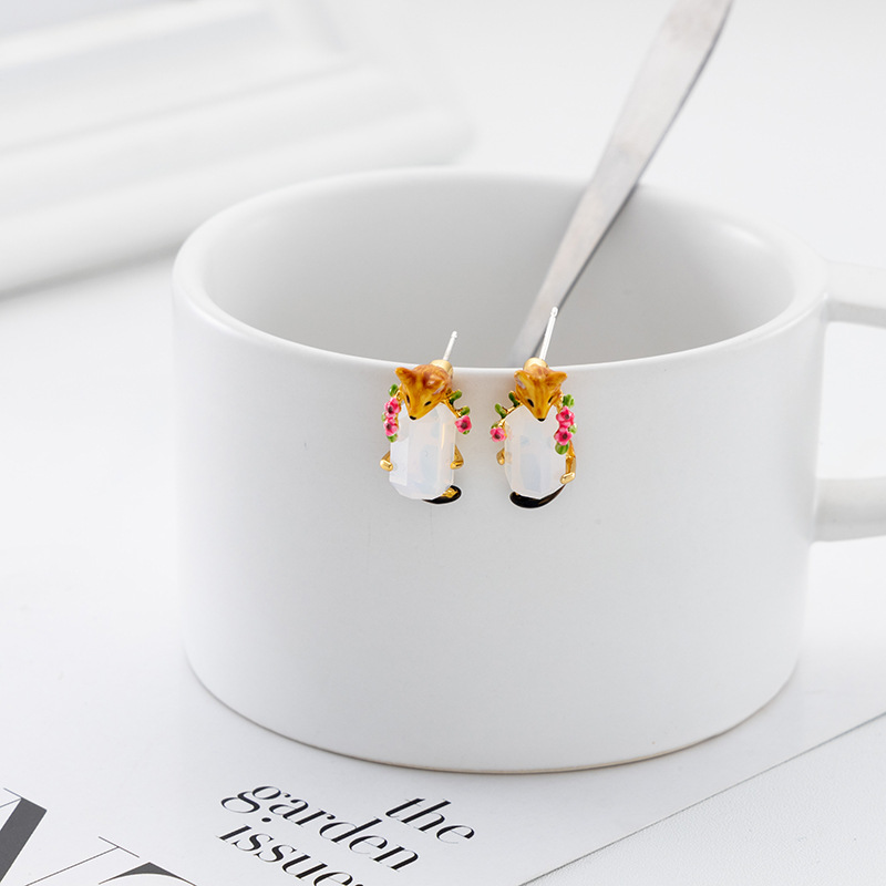 Cute Fox And Stone Enamel Stud Earrings