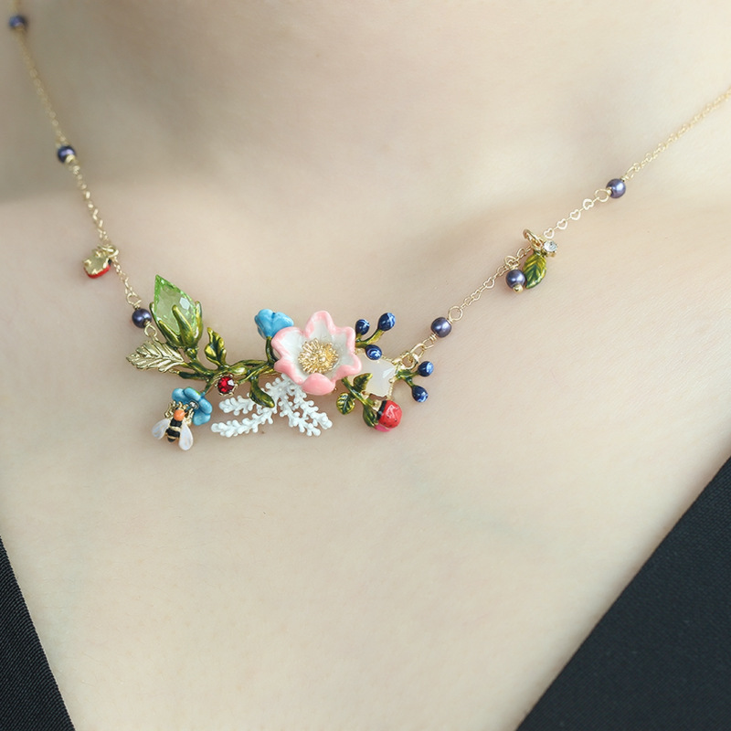 Flower Branch With Caterpillar Butterfly Enamel Necklace