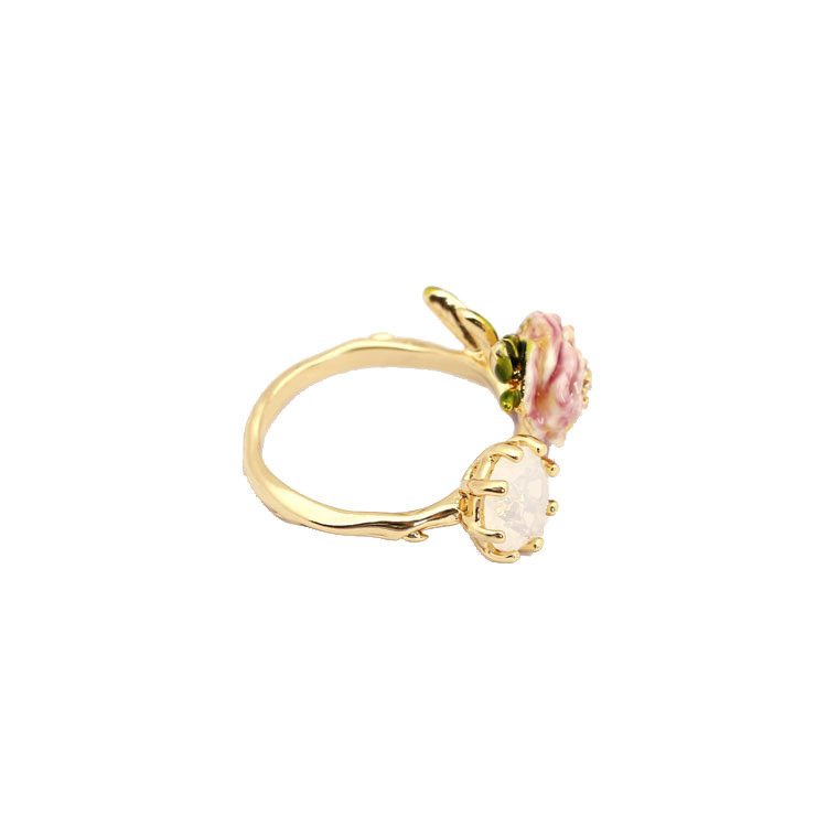 Pink Rose Flower And Stone Enamel Adjustable Ring