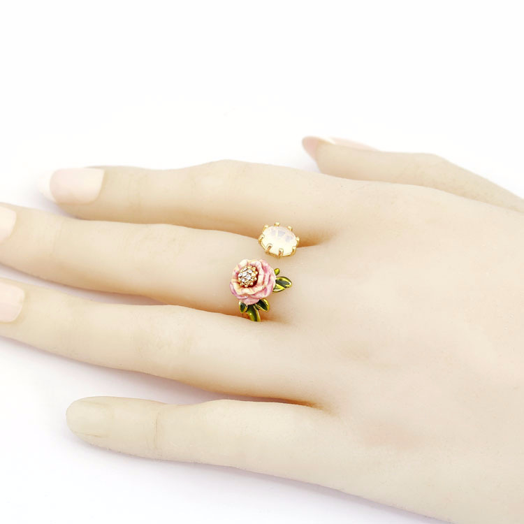 Pink Rose Flower And Stone Enamel Adjustable Ring