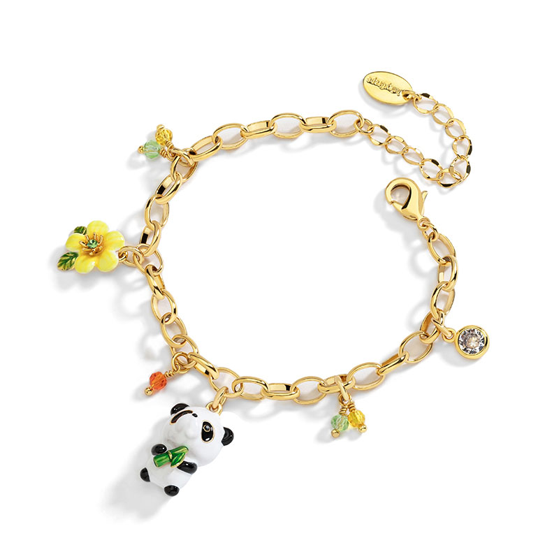 Cute Panda With Bamboo And Flower Enamel Charm Bracelet