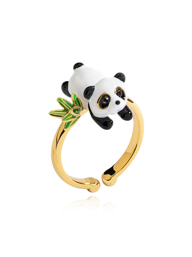 Cute Panda And Bamboo Leaf Enamel Adjustable Ring