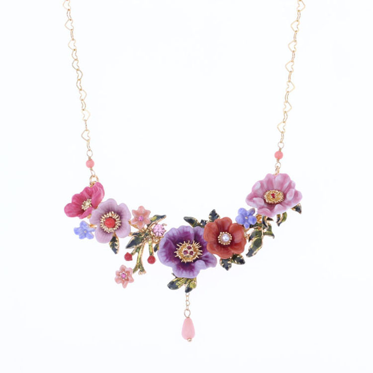 Flower Peony Branch And Crystal Enamel Pedant Necklace