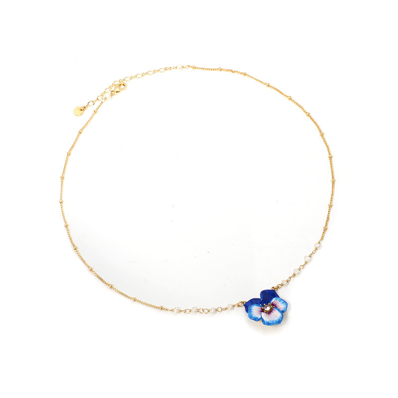 Pansy Flower And Crystal Enamel Pendant Necklace