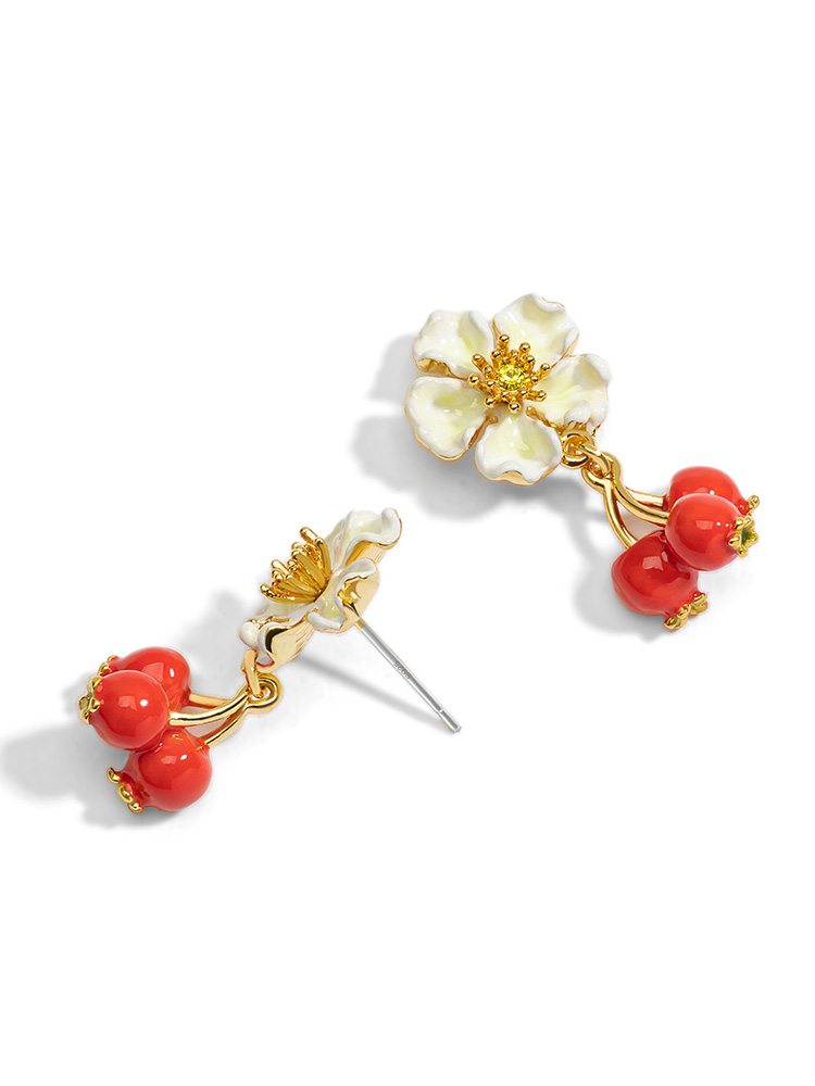 Red Fruit Hawthorn And White Flower Enamel Stud Earrings