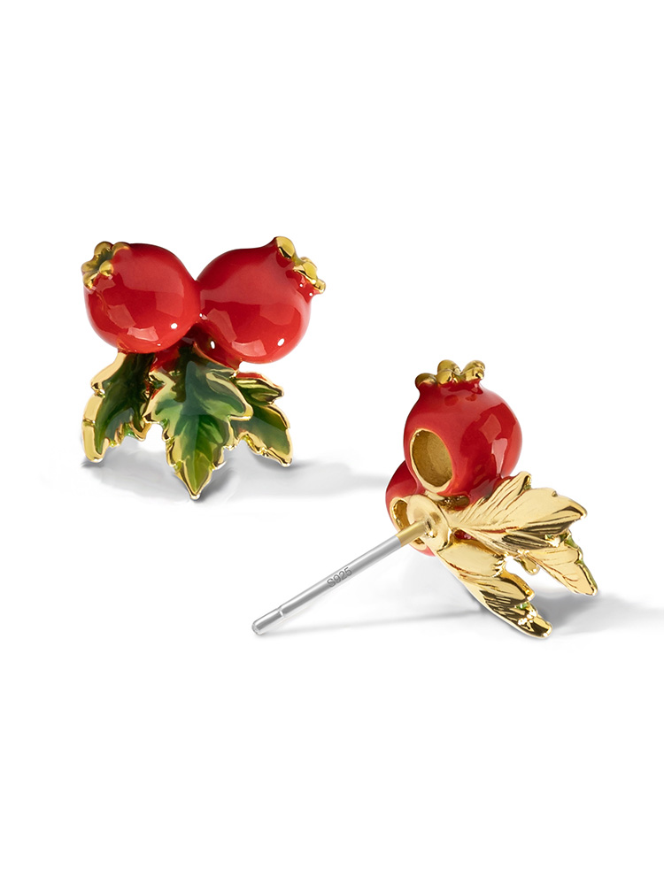 Red Fruit Hawthorn And Green Leaf Enamel Stud Earrings