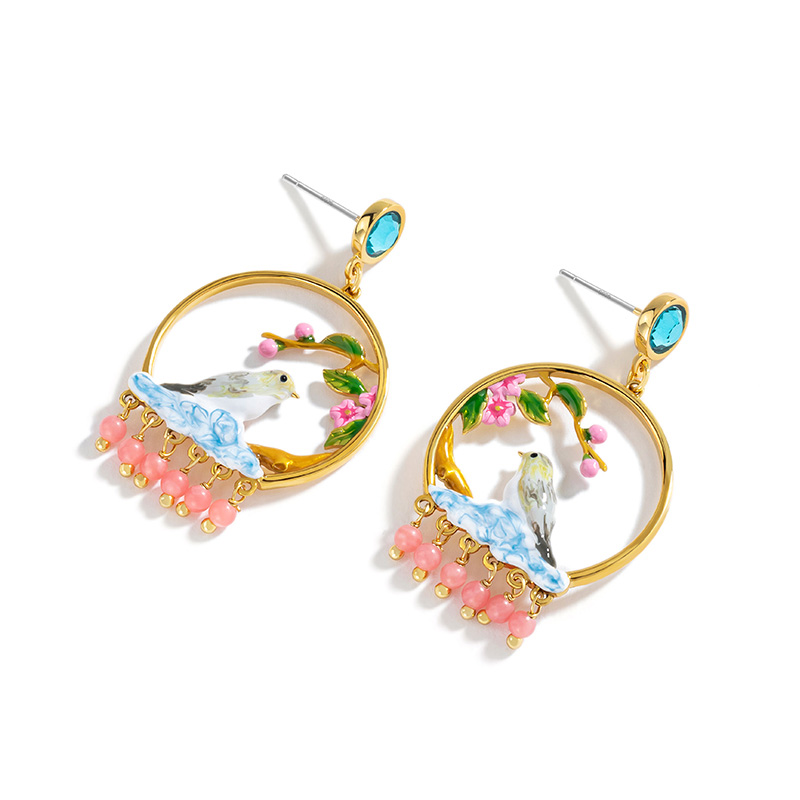 Bird Flower Branch And Bead Crystal Enamel Dangle Stud Earrings