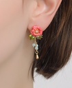 Pink Camellia Flower With Crystal Bead Tassel Enamel Stud Earrings