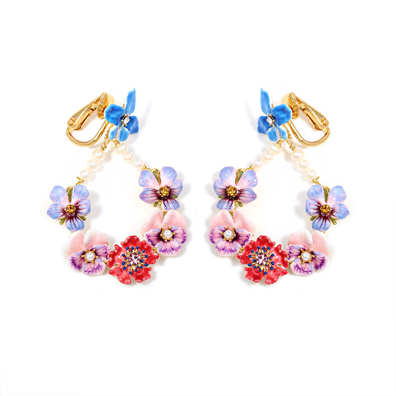 Pink Blue Red Pansy Flower And Pearl Enamel Dangle Earrings