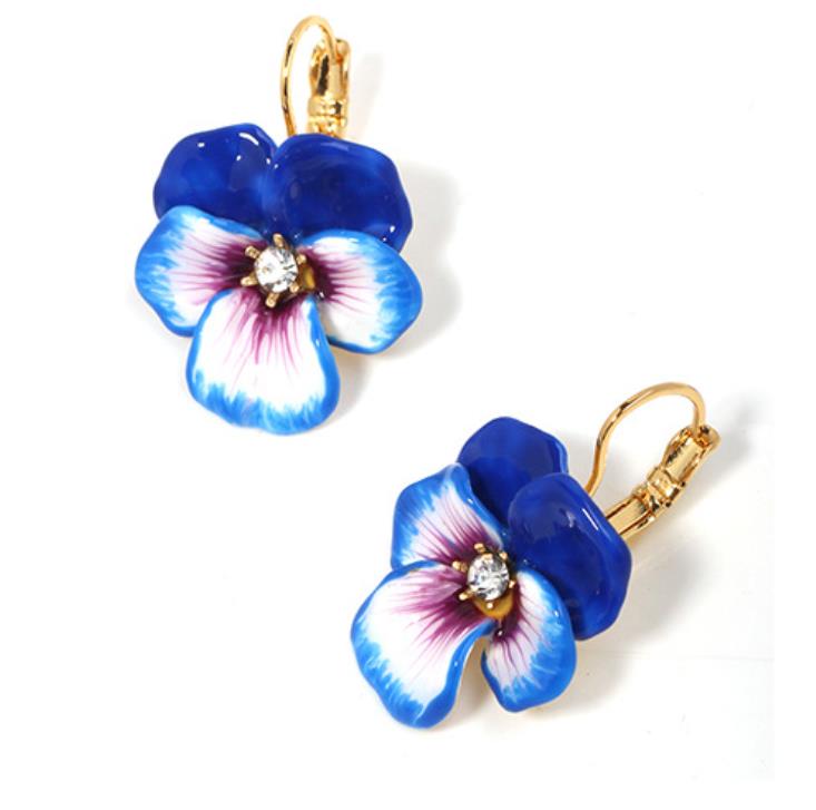 Pansy Red Blue Flower And Crystal Enamel Earrings