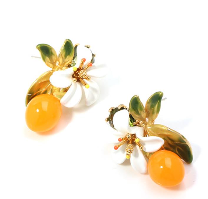 Orange And Orange Blossom Flower Leaf Enamel Earrings