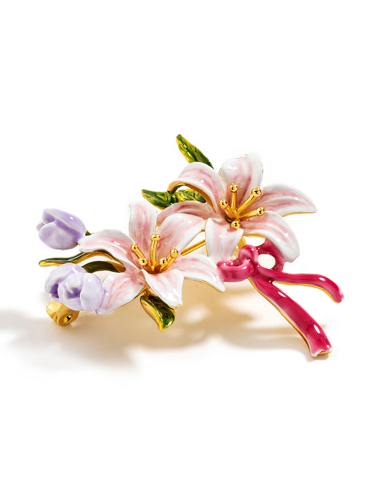 Pink White Lily Flower With Purple Bud And Bow Enamel Brooch