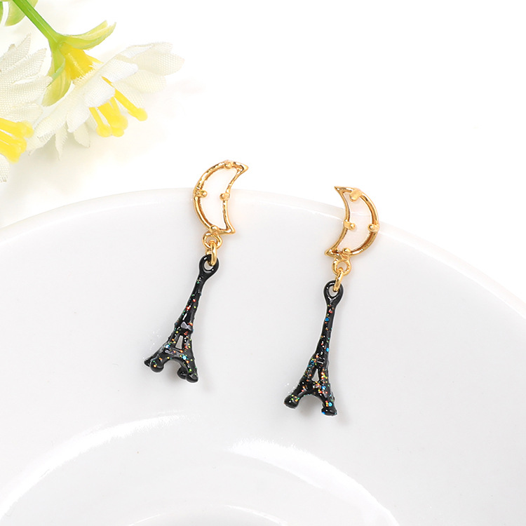 Eiffel Tower Moon Enamel Earrings Jewelry Stud Clip Earrings