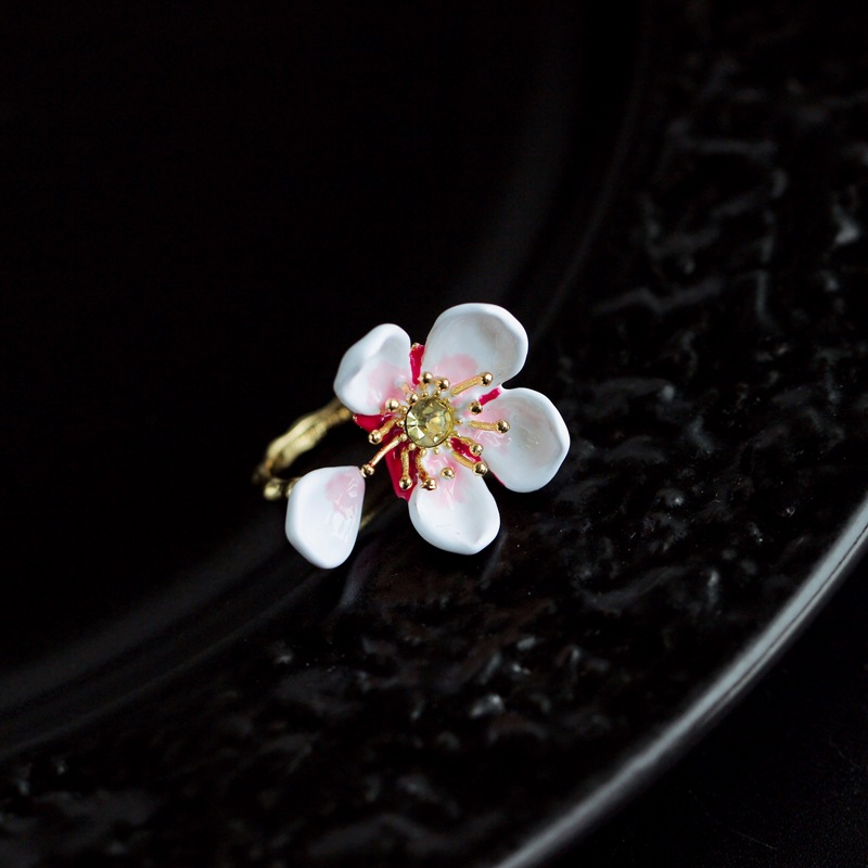 White Cherry Blossom Flower Petals Enamel Adjustable Ring