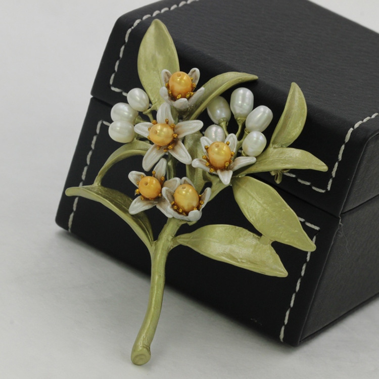 Orange Flower Leaf Branch Pearl Enamel Brooch