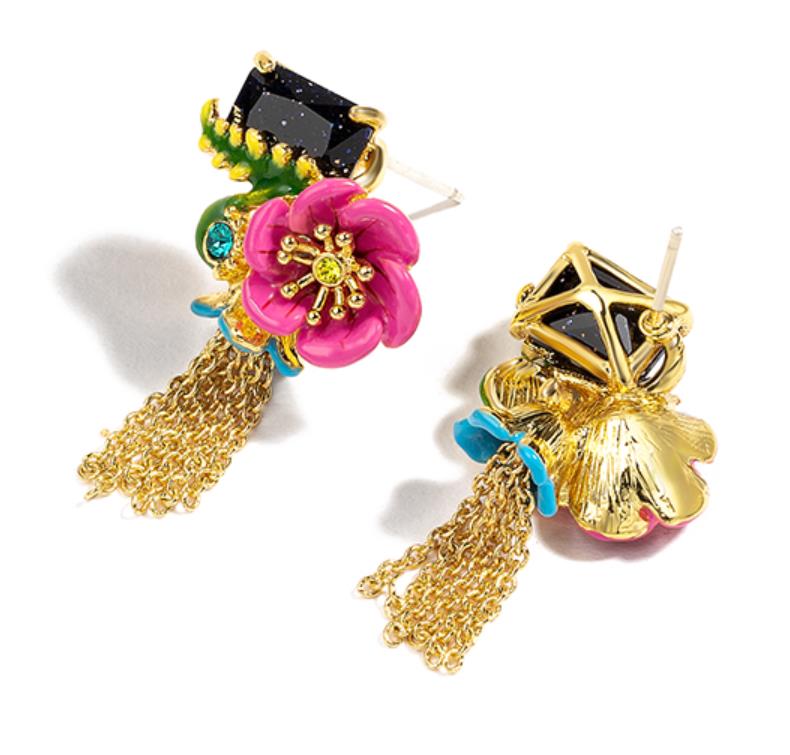 Pink Flower And Black Stone Tassel Enamel Earrings