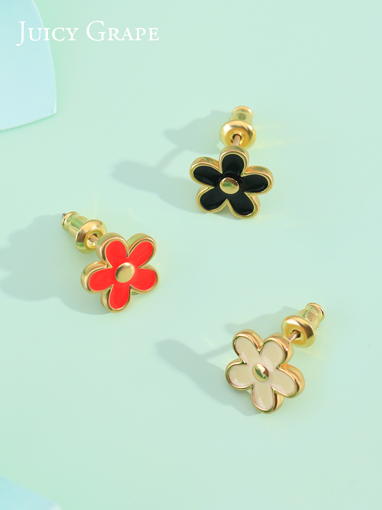 Red White Black Flower Enamel Stud Earrings