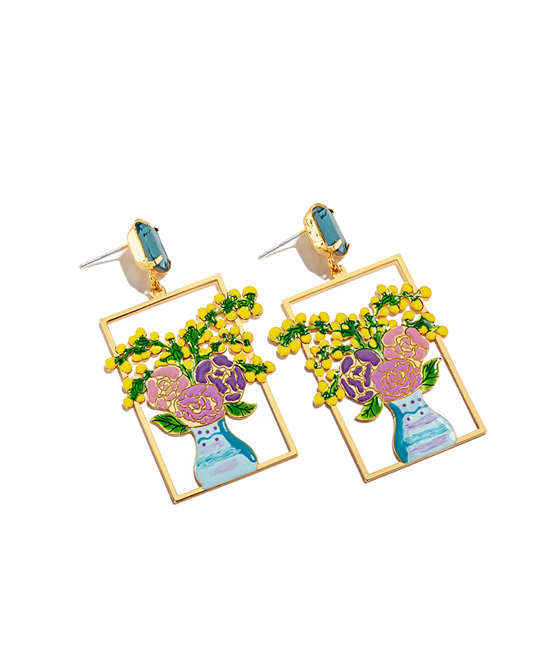 Yellow Purple Pink Flowers In Vase Enamel Dangle Earrings