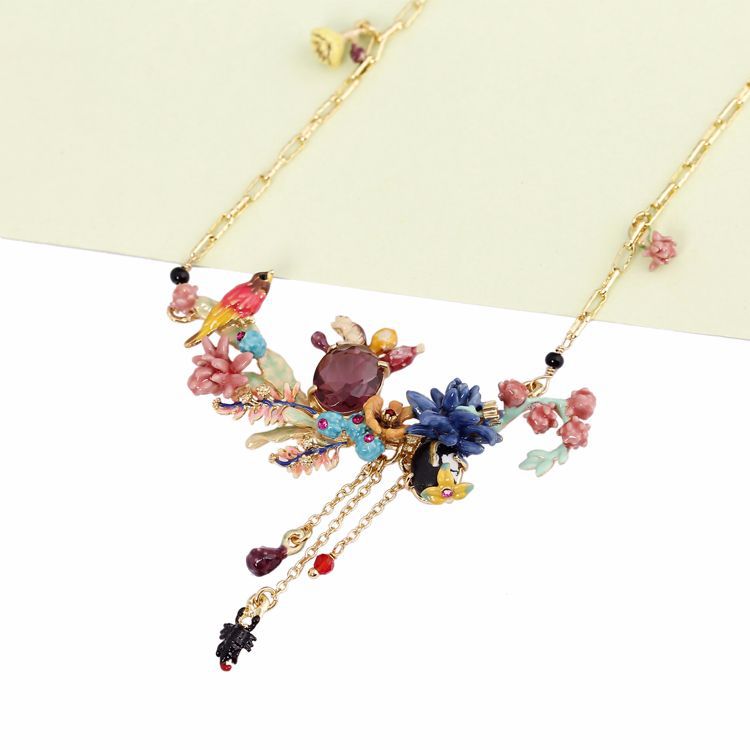 Enamel Anime Cactus Purple Crystal Festive Bird Complex Design Necklace