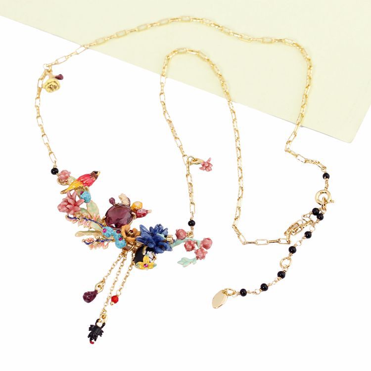 Enamel Anime Cactus Purple Crystal Festive Bird Complex Design Necklace