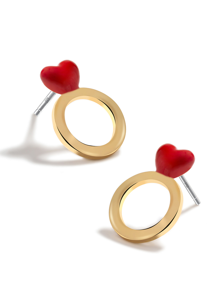 Red Heart With Gold Plated Circle Enamel Stud Earrings