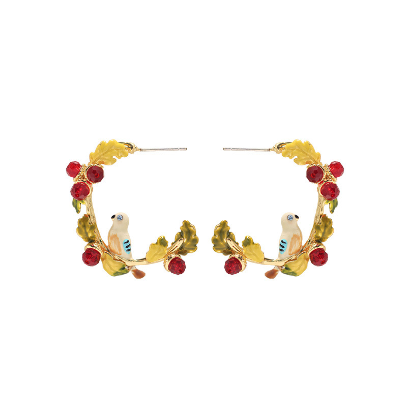 Bird On A C Shape Branch With Crystal Berry Enamel Earrings