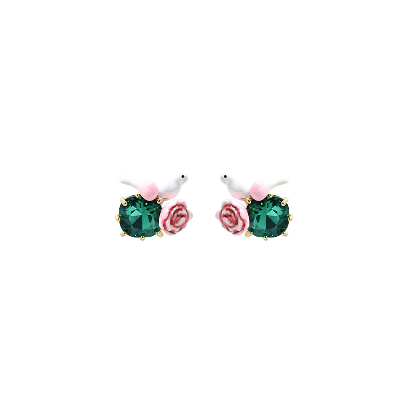 White Pigeon Pink Flower And Green Crystal Enamel Earrings