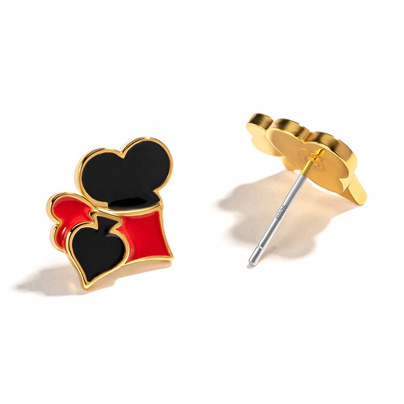 Red Black Heart Playing Card Enamel Stud Earrings