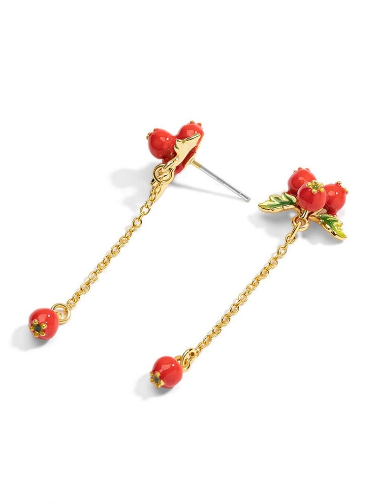 Red Fruit Hawthorn And Green Leaf Tassel Enamel Dangle Earrings