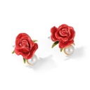 Red Rose Flower And Pearl Enamel Stud Earrings Jewelry Gift