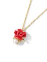 Red Rose Flower And Pearl Enamel Pendant Collar Necklace Jewelry Gift