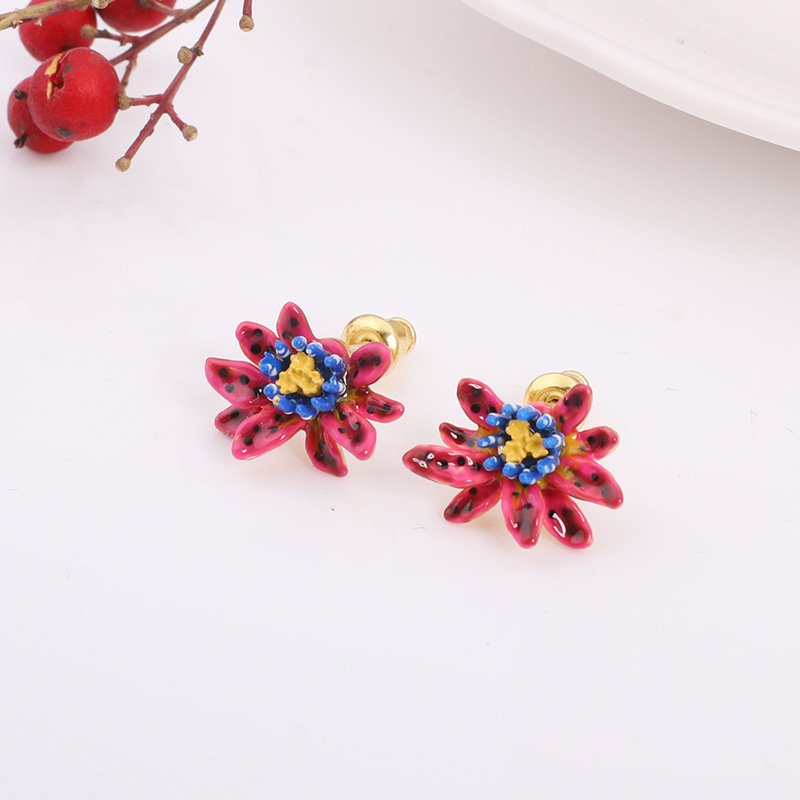 Enamel Flower 925 Silver Needle Earrings Jewelry Stud Clip Earrings