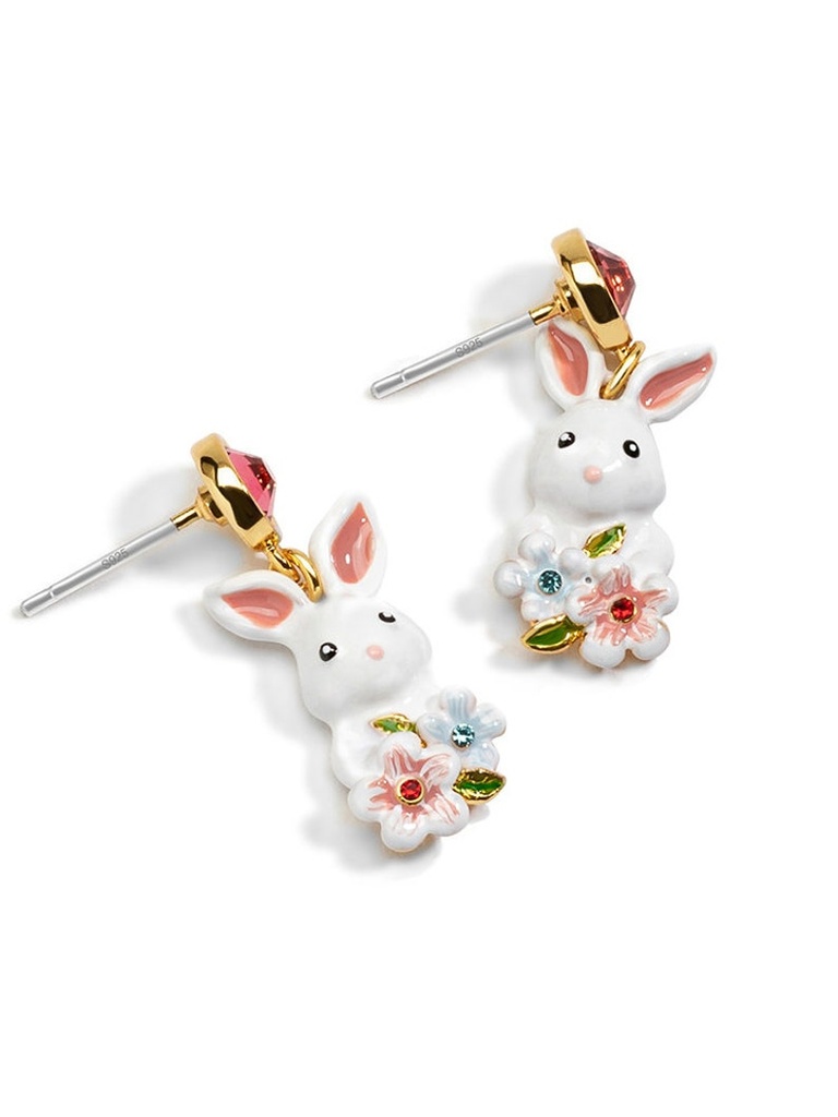 Cute Rabbit Bunny Flower And Crystal Enamel Dangle Earrings Jewelry Gift