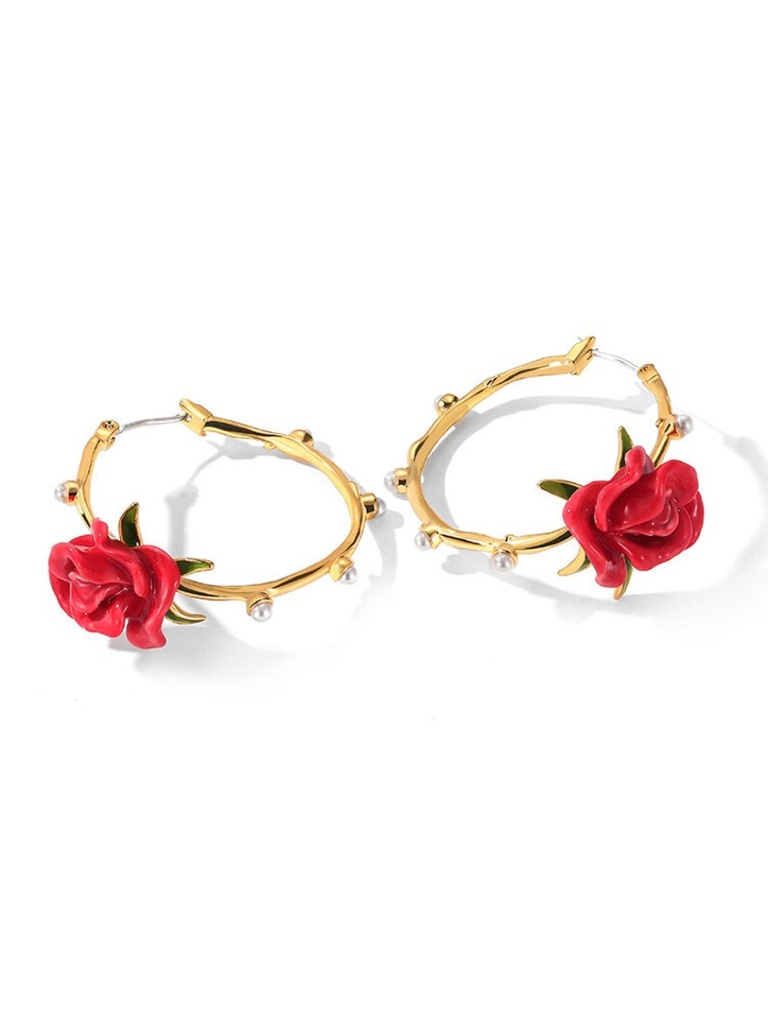 Red Rose Flower And Pearl Enamel Hoop Stud Earrings