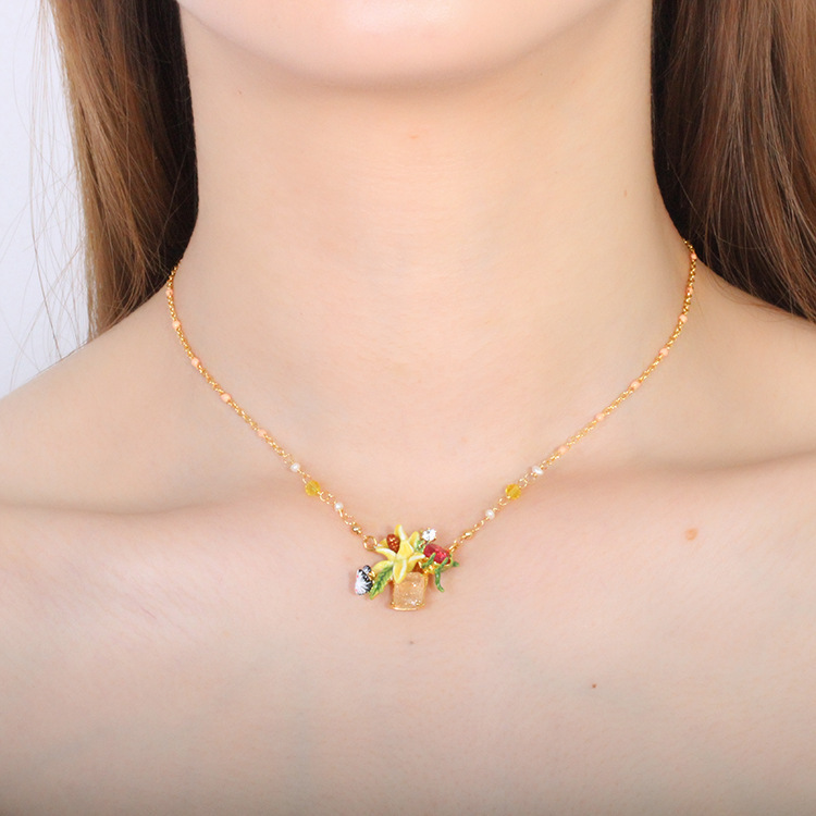 Butterfly On Yellow Lily Flower And Stone Enamel Pendant Necklace